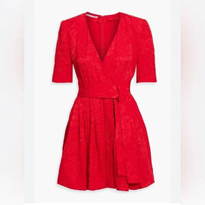 Stella McCartney jacquard red silk romper belted with padded shoulders
